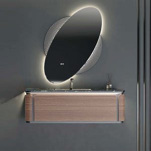 Meuble de salle de bain en acier inoxydable Bokejia avec miroir rond éclairé par LED et armoire murale de rangement - Product Image 1