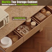 Buffet moderne large avec 3 tiroirs, 4 portes de rangement, 2 pieds renforcés, finition chêne clair pour cuisine, salon, villa