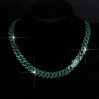 Ensemble collier et bracelet chaîne cubaine en strass verts glacés, bijoux hip-hop en alliage de zinc argenté
