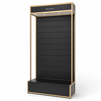 Meuble de présentation mural robuste en métal doré et MDF avec éclairage LED pour magasin de détail, idéal pour la présentation d'accessoires de téléphonie et de produits de vapotage - Offre Spéciale