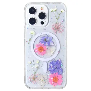 Custom Real Dried Flowers Phone Case for Transparent Clear Shockproof Magnetic Phone Case for iPhone 15 14 13 12