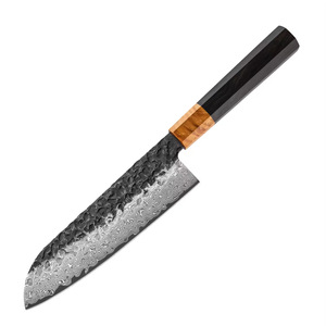 Hand Forged Damascus Santoku Chef Knife Hammered Texture Blade Ebony <b>Wood</b> Handle, Sharp Japanese Kitchen Knife for <b>Slicing</b> Meat - Product Image 1
