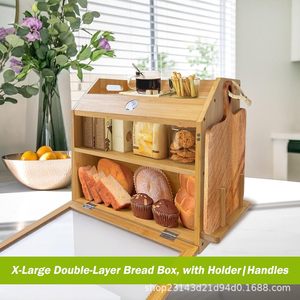 Bamboo Bread Storage Box 15.7in Double Layer Solid Wood Kitchen Bread <b>Bin</b> With Humidity Gauge For Home Use - Product Image 4