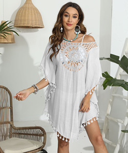 Vente chaude usine femmes été plage couvrir couleur unie <span class=keywords><strong>maillot</strong></span> de bain Crochet plage couvrir robes évider glands vêtements de plage - Product Image 2