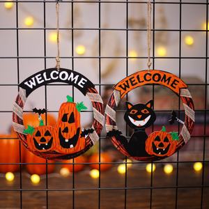 Décorations suspendues pour <span class=keywords><strong>porte</strong></span> d'<span class=keywords><strong>Halloween</strong></span> Pendentif rond en bois imprimé Citrouille Chat noir Panneau de bienvenue Fantôme Festival Party Layout Props - Product Image 5