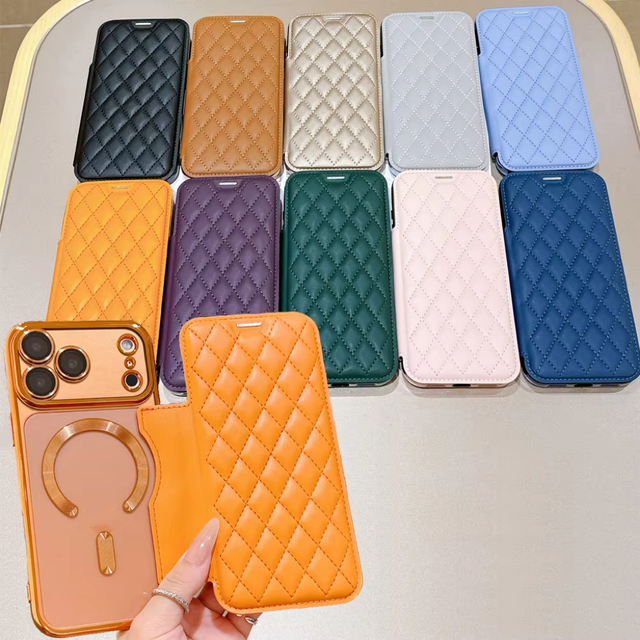 Grid PU Leather Flip Wallet Phone Case for iPhone Air 17 Pro Max Card Slots Full Protection Wireless Charging Magnetic Cover