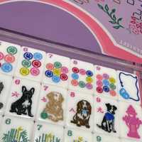 Set Mahjong Akrilik 2 Lapis 160 Ubin, Motif Anjing & Kucing Warna Pink Putih untuk Permainan Pesta AS & Hadiah