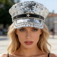 En stock Chapeau de capitaine de luxe unisexe avec écusson étoile en paillettes argentées et strass, idéal pour le festival Burning Man, la plage, les activités de plein air et les fêtes