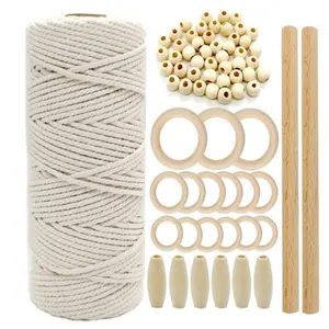 Macrame Cotton Rope with Wood Ring and Wood Stick and Colour Beads for Wall Hanging,Plant Hanger Macrame DIY Crafts