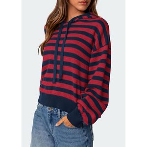 Pull à capuche rayé pour femme, tricoté, à manches longues, décontracté, respirant, pour l'hiver - Product Image 3