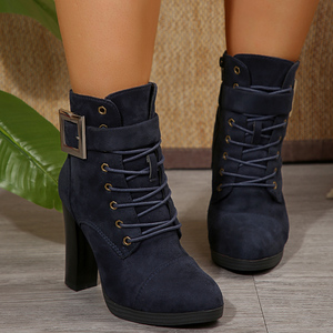 Bottines d'hiver pour femme en coton <span class=keywords><strong>bleu</strong></span> <span class=keywords><strong>marine</strong></span> à bout pointu, talon épais, à lacets, avec boucle, antidérapantes, soutien de la voûte plantaire, style habillé - Product Image 4