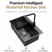 Évier de cuisine noir nano avec robinet cascade, en acier inoxydable 304, à cuve unique, avec lave-tasses, multifonctionnel, intelligent et fait main
