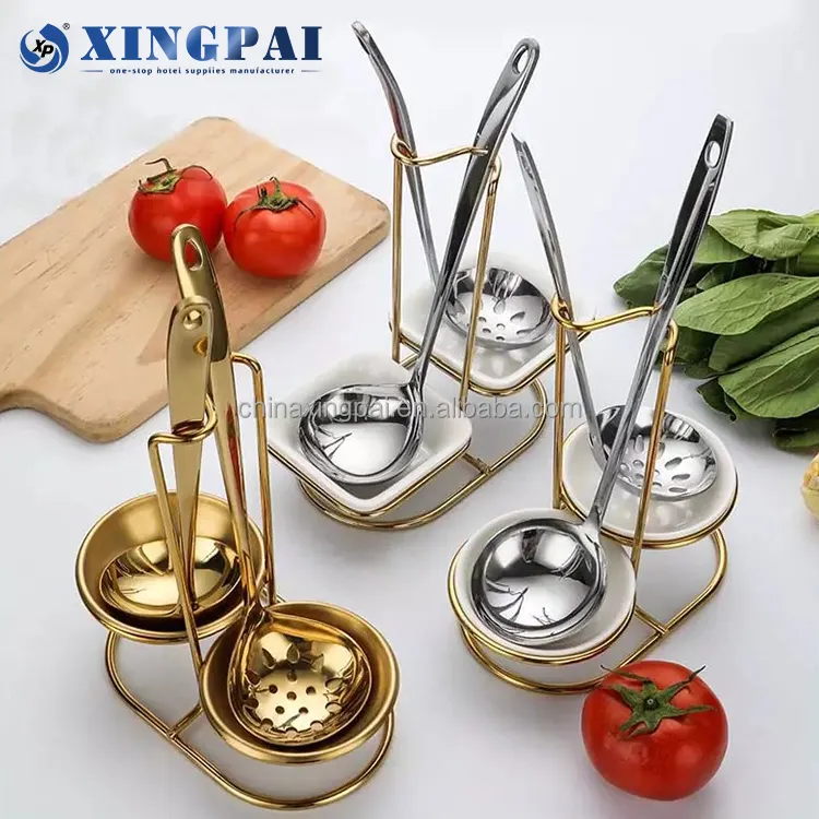 XINGPAI 5 star hotel stainless steel spoon rest lid holder vertical stand golden kitchen accessories soup tureen ladle