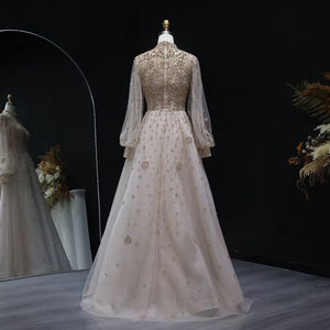 Gaun Malam Muslim Jancember LSZ083 dengan Kerah Tinggi Warna Champagne dan Lengan Mengembang - Product Image 2