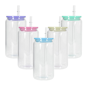 Verre en forme de canette de 16 oz, dégradé de couleurs, givré, pour sublimation, rose, pour eau et bière, avec nouveaux couvercles et pailles – Vente en gros - Product Image 1