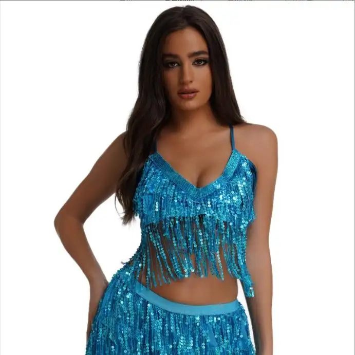 Belly Dance Hip Sequin Fringed Skirt with Bra Top Sequins Tassel Hip Scarf Rave Party Costume for Women