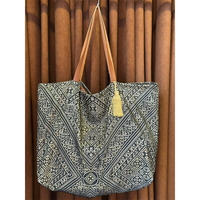 Tas Tote Resleting Ringan Tahan Lama Ramah Lingkungan Modern Bohemian Berhias Manik-Manik dengan Tali Bahu untuk Wanita, Tas Tangan Kanvas Bermotif Geometris
