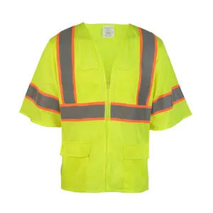 Hi Vis Safety Vest Durable Reflective Vest Zipper Front with Reflective Tape and Sleeves Construction Work Vest