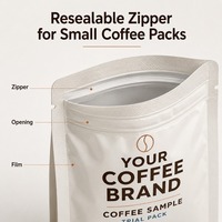 Sachet d'échantillon de café à fond plat imprimé sur mesure avec fermeture éclair pour pack d'essai, torréfacteur et emballage de marque privée