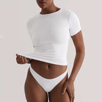 T-shirts à col rond en coton de haute qualité pour femmes, été 2024, manches courtes, tee-shirt basique, coupe ajustée, crop tops, tenues Y2K, personnalisables