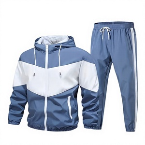 Conjunto de Sudadera con Capucha y Bloques de Color para Hombre, Pantalones Deportivos Transpirables de Secado Rápido, Ropa de Invierno Azul y Blanco - Product Image 1