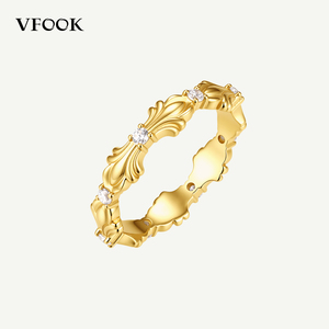 VFOOK Jewelry Boho Style CZ Setting Women Band <strong>Ring</strong> Durable 14K <strong>Gold</strong> Plated 925 Silver <strong>Ring</strong> for <strong>Ladies</strong> - Product Image 2