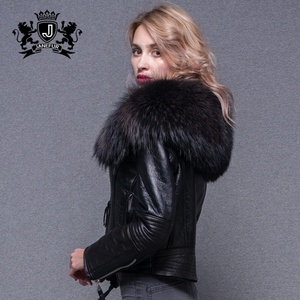 Popular Design Shearling Leather <strong>Jacket</strong> Fashion Huge Raccoon Fur Collar <strong>Sheepskin</strong> Leather <strong>Jacket</strong> - Product Image 2