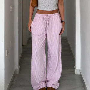 Pantalon décontracté d'automne à taille basse, style vintage décontracté, design rayé, ample, amincissant, à lacets, fille branchée, tricot large - Product Image 2