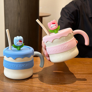 Jiao Porcelain Coffee Flower Cat High Appearance Level Straw Mark Ceramic <b>Mug</b> Lid Spoon <b>Cute</b> Gift Box Back to School Creativity - Product Image 3