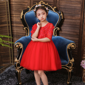 Vestido de tul rojo para niñas, cuello redondo, línea A, encaje, disfraz de princesa, vestido de niña de las flores - Product Image 2