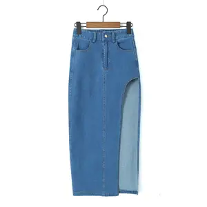 Side Slit กางเกงยีนส์สีน้ำเงินซิปด้านข้างกระเป๋าด้านข้างกระโปรงยีนส์ยาวสำหรับผู้หญิง