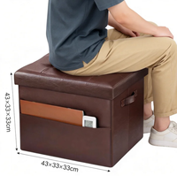 Taburete Otomano Plegable de Cuero PU Marrón con Bolsillo Lateral, Reposapiés Multiusos para Sala de Estar y Dormitorio