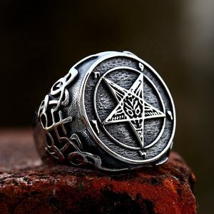 Anillo de Pentagrama Baphomet de Acero Inoxidable 316L para Hombre, Tono Plateado Antiguo, Símbolo Oculto, Estilo Rebelde Oscuro, Joyería Punk para Motociclistas - Product Image 3
