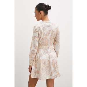 Vestido Camisero Estampado Godeli Color Crema con Cuello Tipo Wrap y Lazo, Cintura Natural, Tejido Transpirable, Vestido Casual Diario - Product Image 1