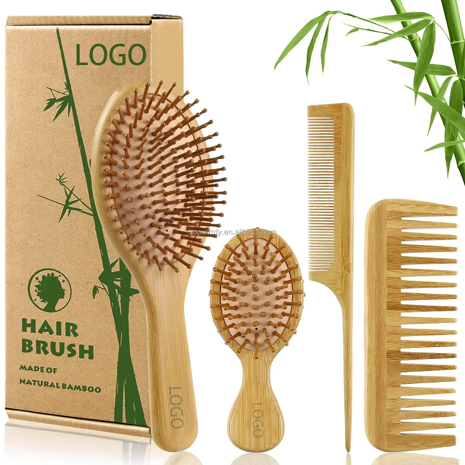 Large dent cuir chevelu naturel Logo personnalisé bambou bois poils rond démêlant brosse à cheveux autonettoyant Massage brosse à cheveux et peigne ensemble