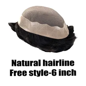 6 인치 자연 색상 다크 블랙 버진 스트레이트 곱슬 100% 브라질 모노 인간의 머리 pu 레이스 가발 toupee 남성