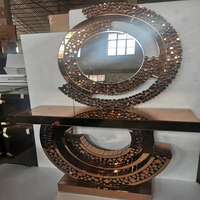 Table console moderne en marbre italien de luxe, bois, or, acier inoxydable, miroir, entrée, couloir