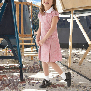 Girls <b>Red</b> <b>Gingham</b> School Uniform Dress With White Collar Short Sleeve Primary School Uniform Checkered Cotton Dress - Product Image 3