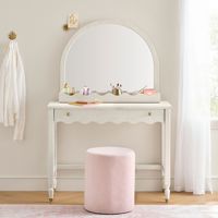 Coiffeuse en bois blanc festonné avec miroir semi-circulaire et tiroirs pour chambre à coucher
