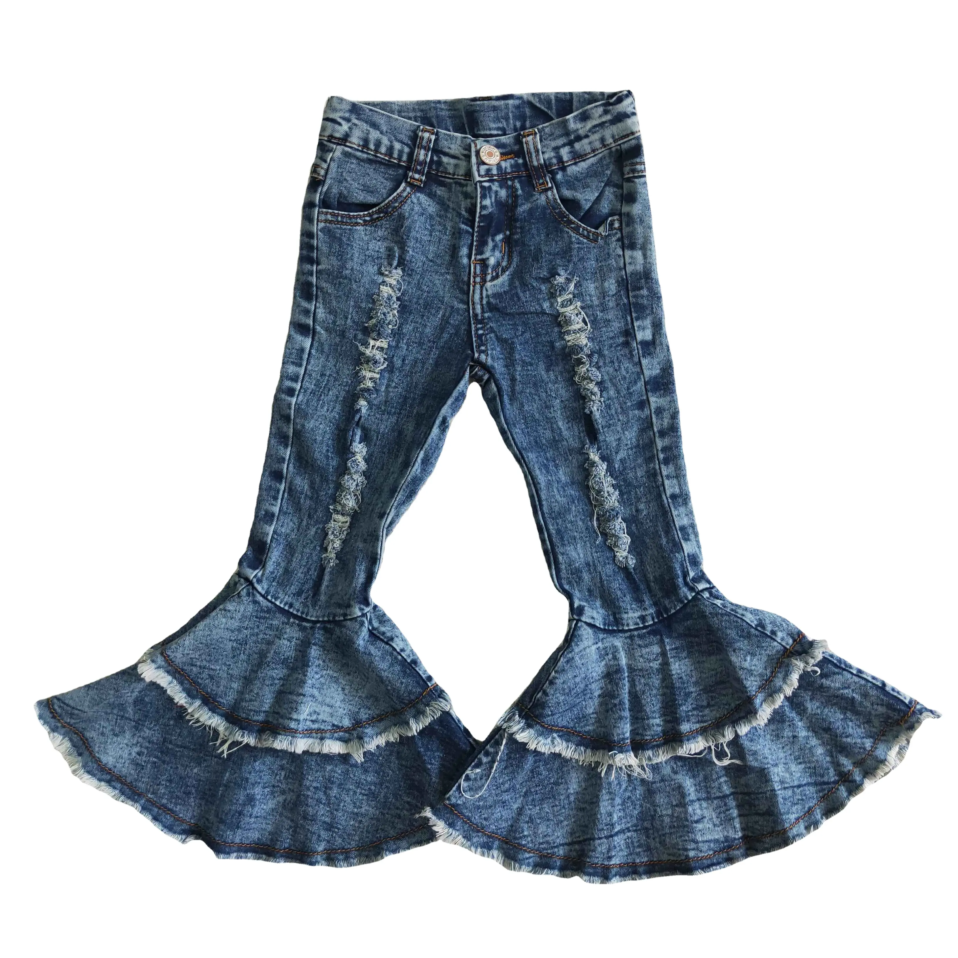 Best Selling Kids High Quality Double Ruffles Jeans Girl Fashion Bell Bottoms For Spring Autumn Child Denim Pants With Button