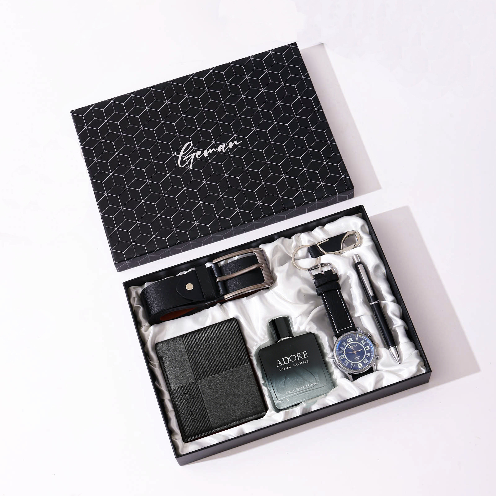 Cintura-portachiavi-portafoglio-profumo-orologio-penna-confezione regalo in pelle nera