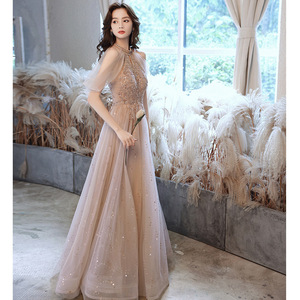 Champagne Pink Evening Gown Halter Empire A-Line With 3D Patterns For Banquets And Emcees - Product Image 2