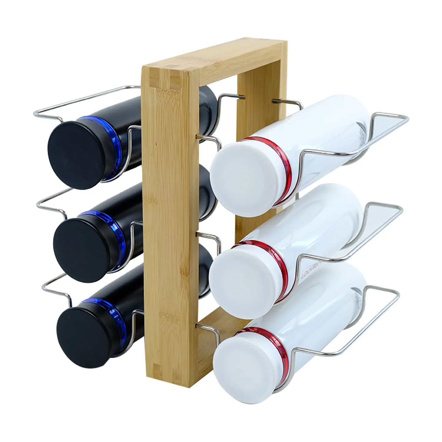 Bamboo Water Bottle Organizer Stainless Steel Rack Wood Water Bottle Holder For Countertop Storage Cup Wine Stand