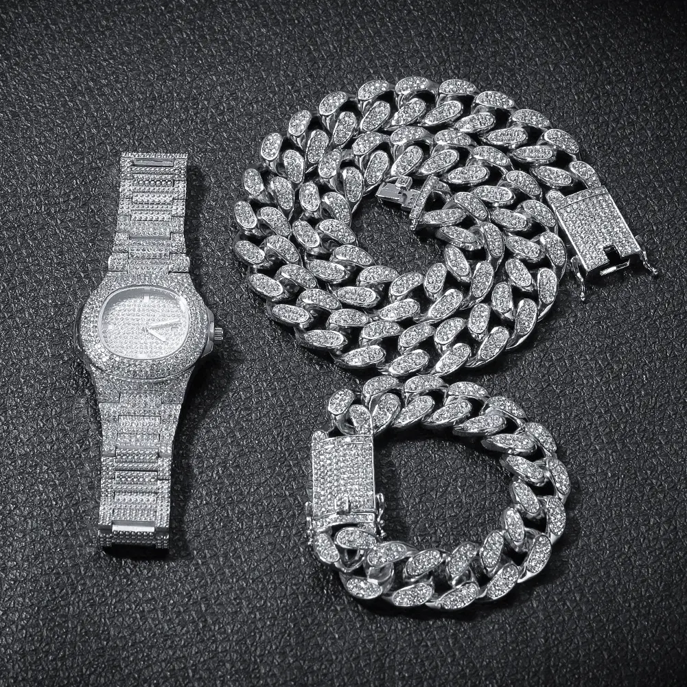 Лидер продаж, полностью бриллиантовые часы, позолоченное ожерелье, браслет, цепочка в стиле хип-хоп, кубинский комплект ювелирных изделий 20 мм