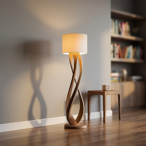 Modern Solid Wood Floor <b>Lamp</b> Twisted Spiral Base with <b>Drum</b> <b>Shade</b> for Home Decor - Product Image 3