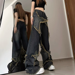 2025 nouveau <span class=keywords><strong>jean</strong></span> <span class=keywords><strong>femme</strong></span> Y2K Vintage obsolète jambe large | Pantalon de travail Streetwear Extreme Wear Patch, Denim noir délavé rétro - Product Image 2