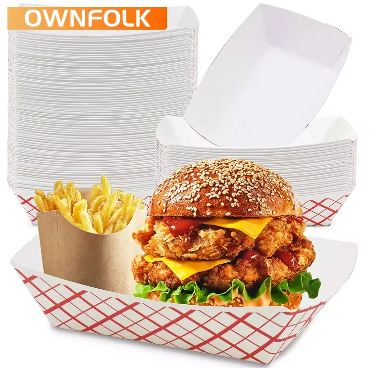 OWNFOLK Disposable classic healthy and environmentally friendly red and white boat paper food grade food tray takeout meal boxes