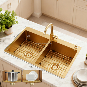 New Arrival 33*22 inch Vàng 304 thép không gỉ Bồn Rửa Nhà Bếp bát đôi hai lỗ <span class=keywords><strong>handmade</strong></span> hiện đại lưu vực vòi nước - Product Image 1