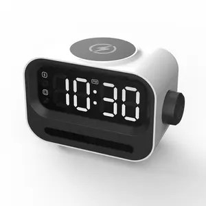 Desain baru 5 in 1 Desktop pengisi daya nirkabel berdiri dengan jam Alarm pengisian daya magnetik nirkabel 15W Speaker Bluetooth