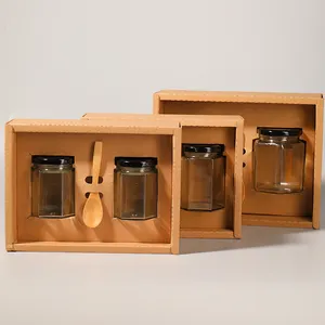 Custom Gift Craft Box Packaging Jam Sauce Honey Glass Jar With Dipper And Metal Lid